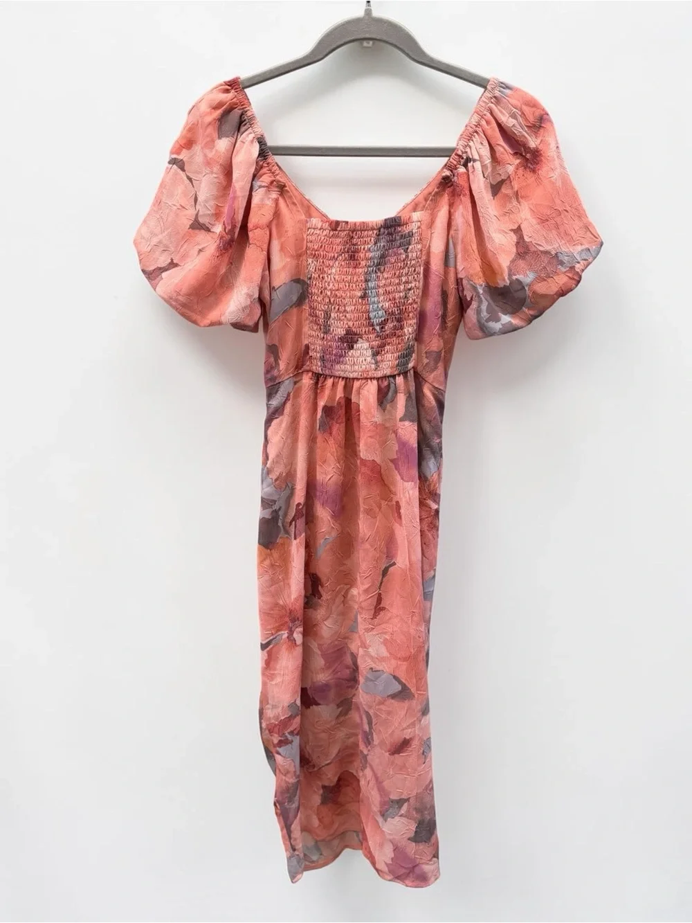 Socialite Pink Floral Ruched Puff Sleeve Midi Dress Size XS - Picture 4 of 8